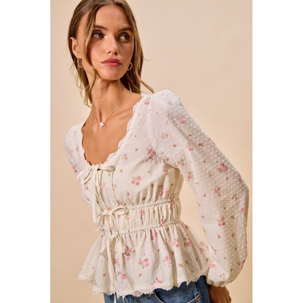 SO ME Floral Clip Dot Lace Trim Ruched Bodice Blouse - White - Medium - Picture 2 of 16